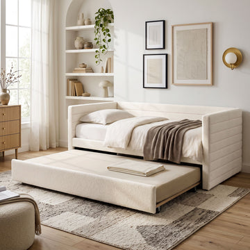 Artiss King Single Daybed with Trundle, Boucle Upholstered Bed Frame Guest Bed