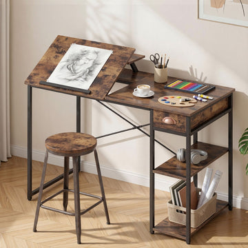 Artiss Computer Desk Drafting Drawing Table Tiltable Top Rustic Brown 108cm