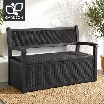Gardeon Outdoor Storage Box Bench 254L Resin Armset Backrest Lockable Black