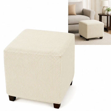 Ottoman Cover Stretch Jacquard Slipcover for Square Footstool, Polyester Spandex Fabric, Beige, Small