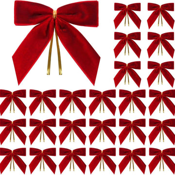 Velvet Butterfly Bow Decoration 24-Pack - Gift Wrapping Wedding Party Home Decor Christmas Tree Ornament - 2.5cm/9x9cm - Red