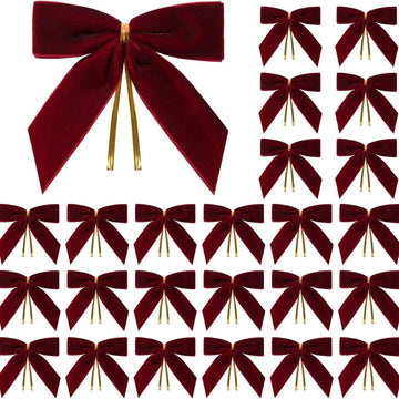 Velvet Butterfly Bow Decoration 24-Pack - Gift Wrapping Wedding Party Home Decor Christmas Tree Ornament - 2.5cm/9x9cm - Wine Red