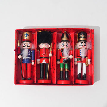4-Piece Christmas Nutcracker Soldier Set - 12.5cm Wooden Puppet Ornaments with Gift Box - Blue Flag Red 5814