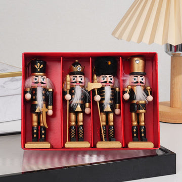 4-Piece Christmas Nutcracker Soldier Set - 12.5cm Wooden Puppet Ornaments with Gift Box - Classic Black 5807