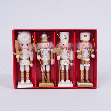 4-Piece Christmas Nutcracker Soldier Set - 12.5cm Wooden Puppet Ornaments with Gift Box - Gold 5810
