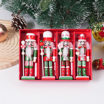 4-Piece Christmas Nutcracker Soldier Set - 12.5cm Wooden Puppet Ornaments with Gift Box - Green 5812