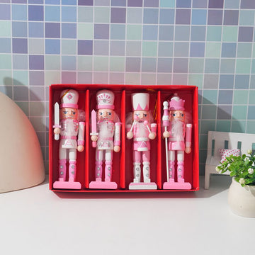 4-Piece Christmas Nutcracker Soldier Set - 12.5cm Wooden Puppet Ornaments with Gift Box - Pink 5808