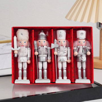 4-Piece Christmas Nutcracker Soldier Set - 12.5cm Wooden Puppet Ornaments with Gift Box - Silver 5809