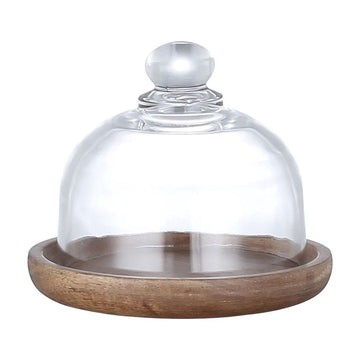 Glass Dessert Dome with Wood Base, Fruit Display Server Tray, Mini Cake Plate for Baking Gifts/Birthday Kitchen/Party/Weddings
