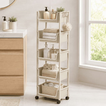 5-Tier Rolling Utility Cart,Multifunctional Storage Organizer with Plastic Shelf & Metal Wheels,Storage Cart for Kitchen,Bathroom,Living Room,Office,White