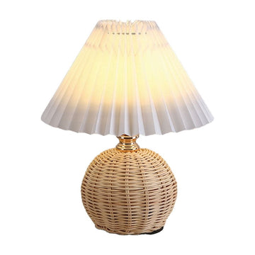 Table Lamp, Rattan Bedside Lamp, Light Small Table Lamp with Pleated Fabric Shade, Night Light for Bedroom Reading Nightstand