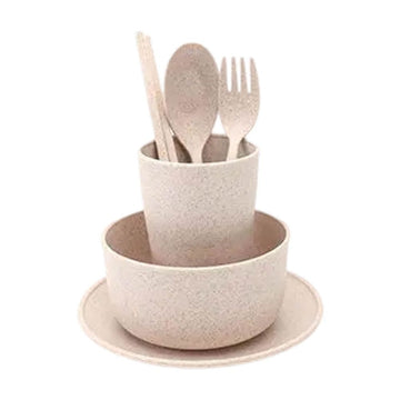Wheat Straw Dinnerware Sets of 6, Reusable Plates Bowls Cups Spoon Fork Chopsticks, Lightweight Unbreakable Plastic Dinnerware, Portable Home Going Out Tableware Set, Blue