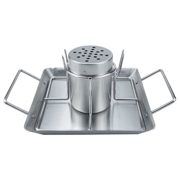 Chicken Roaster Stand BBQ Holder with Beer Can Stainless Steel Tray and 2 Vegetable Spikes Silver