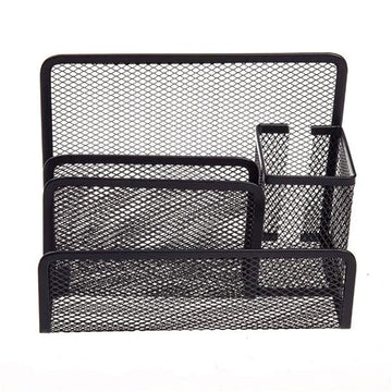 Metal Desk Organiser 3 Slots Desktop Letter Tray with Pencil Holder Storage for Letter Grid Card Pens Wire Mesh Black 174mmx88mmx130mm