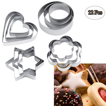 12Pcs Stainless Steel Cookie Biscuit Cutter 0.3mm Thickness Star Shape Flower Shape Circle Shape Heart Shape Silver
