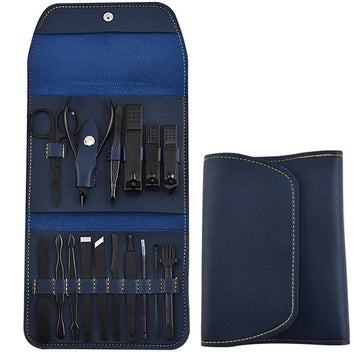 16Pcs Professional Manicure Set with Leather Case Scissors Grooming Kit Nail Toenail Tools Gits for Men and Women Blue