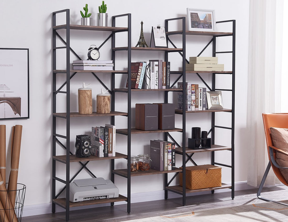 YES4HOMES Industrial Vintage Shelf Bookshelf, Wood and Metal Bookcase Furniture for Home & Office