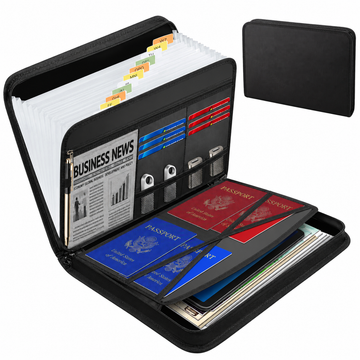 Black Fireproof Waterproof Accordion File Organiser, 11 Pockets Expanding Document Folder with Colour-Coded Tabs, Dustproof U-Disk Passports Card Bag for Home Office Travel (26 × 36 × 5 cm)
