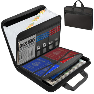 Black Fireproof Waterproof Accordion File Organiser, 11 Pockets Expanding Document Folder with Colour-Coded Tabs & Handle, Dustproof U-Disk Passports Card Bag for Home Office Travel (26 × 36 × 5 cm)