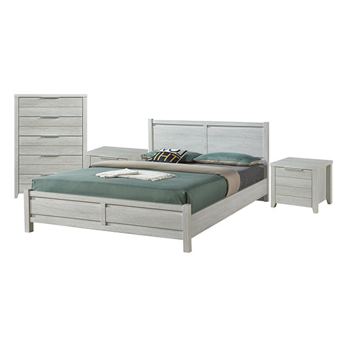 Alice 4 Pieces Bedroom Suite Natural Wood Like MDF Structure Queen Size White Ash Colour Bed, Bedside Table & Tallboy