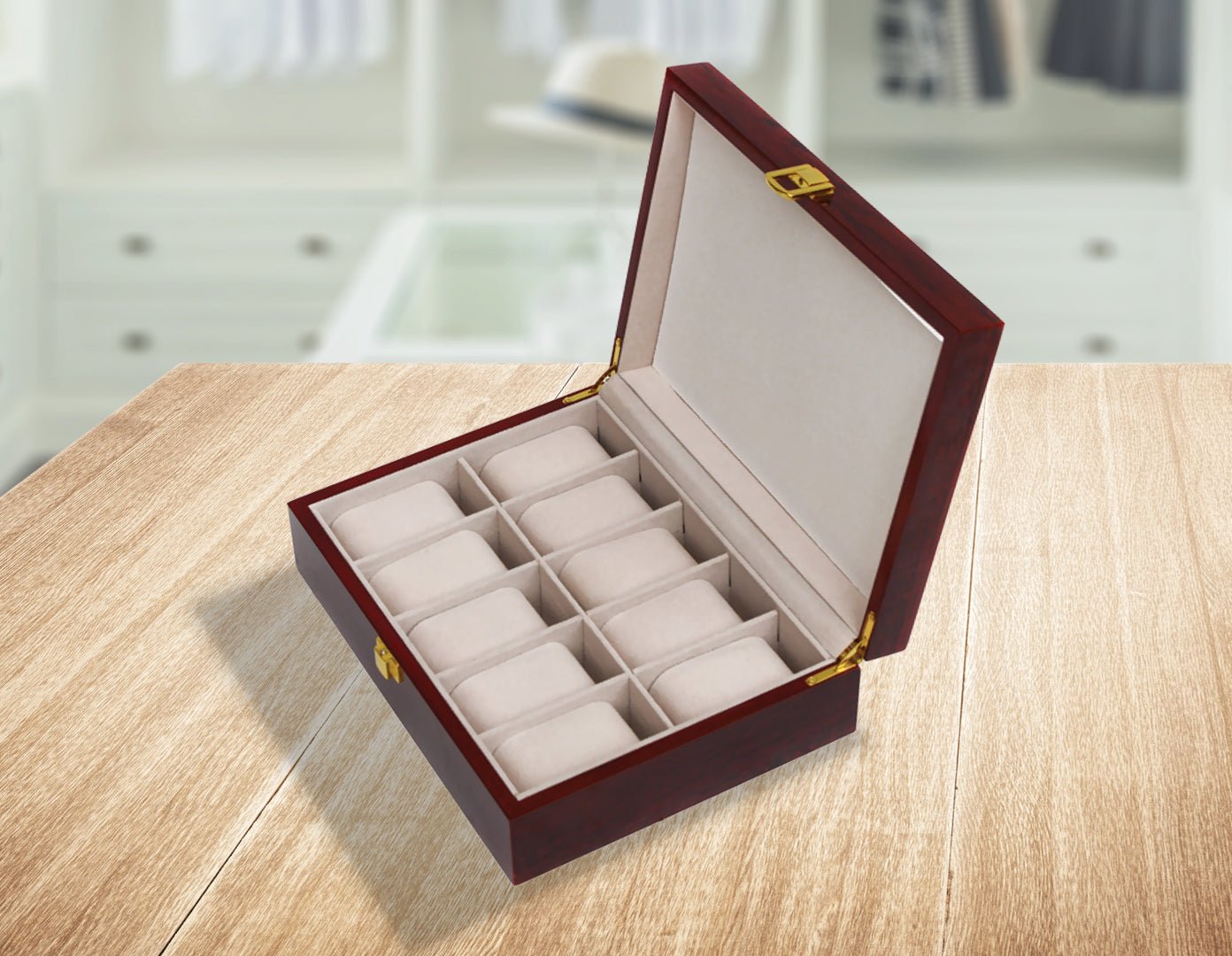 10 Grids Wooden Watch Case Glass Jewellery Storage Holder Box Wood Display - Shopping Planet