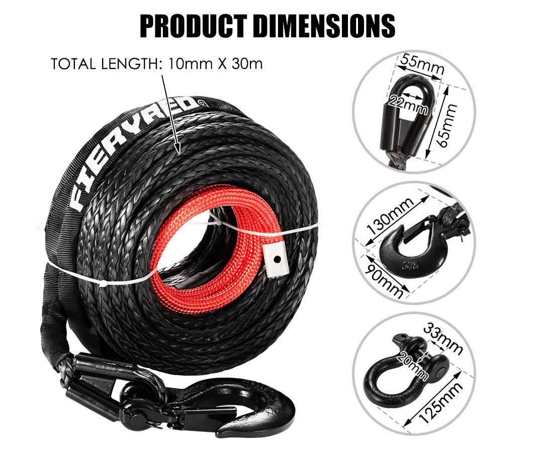 10MM X 30M Synthetic Winch Rope Dyneema Sk75 Tow Recovery Cable 4WD Car Black - Shopping Planet