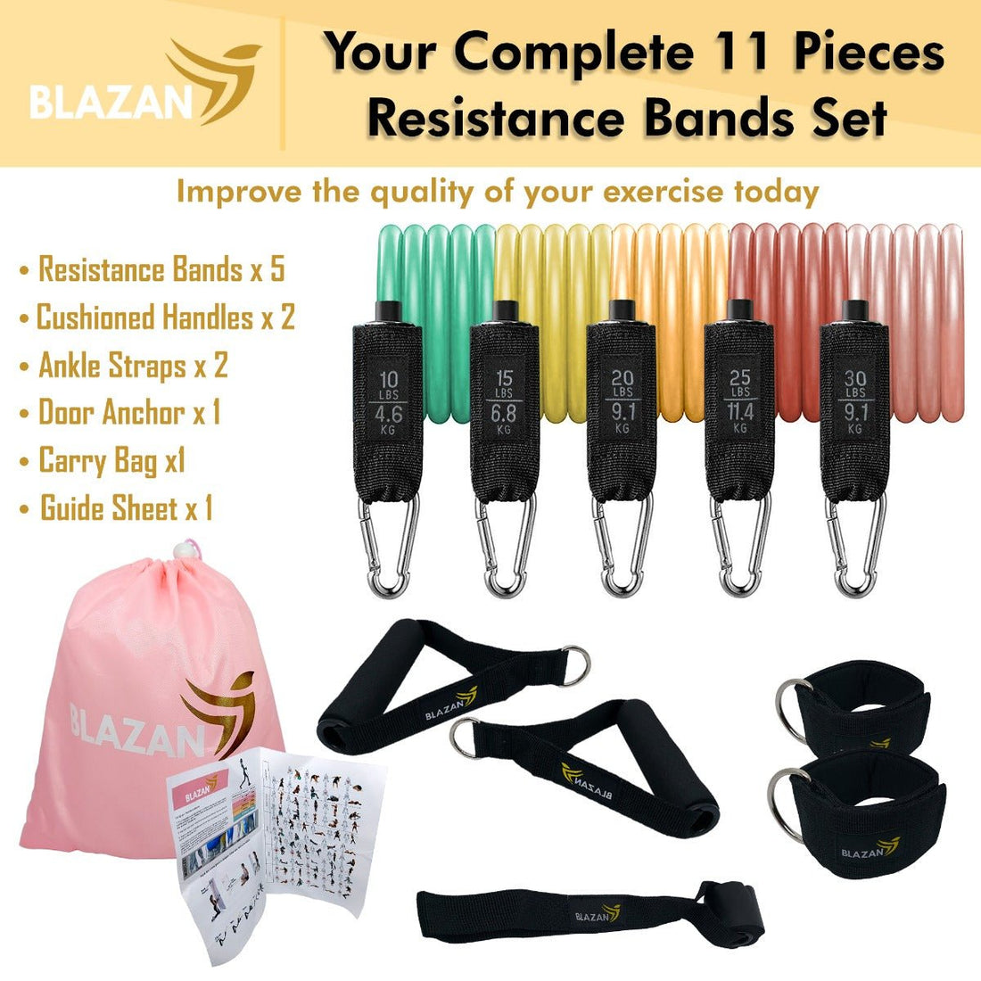 11 PC Resistance Bands Set Exercise Tube Bands with Door Anchor Handles Carry Bag Legs Ankle Straps for Strength Training Physical Therapy Home Workout - Shopping Planet