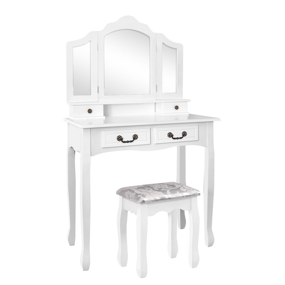 A white dressing table with a mirror and stool, showcasing a stylish setup for sale.