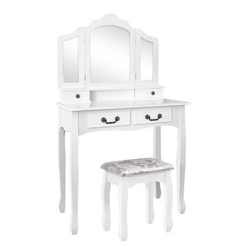 A white dressing table with a mirror and stool, showcasing a stylish setup for sale.