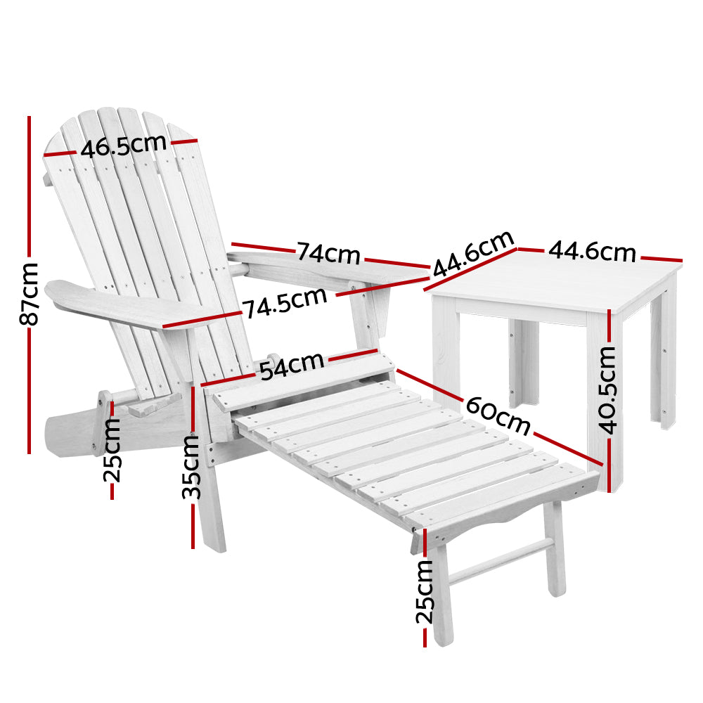 Gardeon 3 Piece Outdoor Adirondack Lounge Beach Chair Set - White