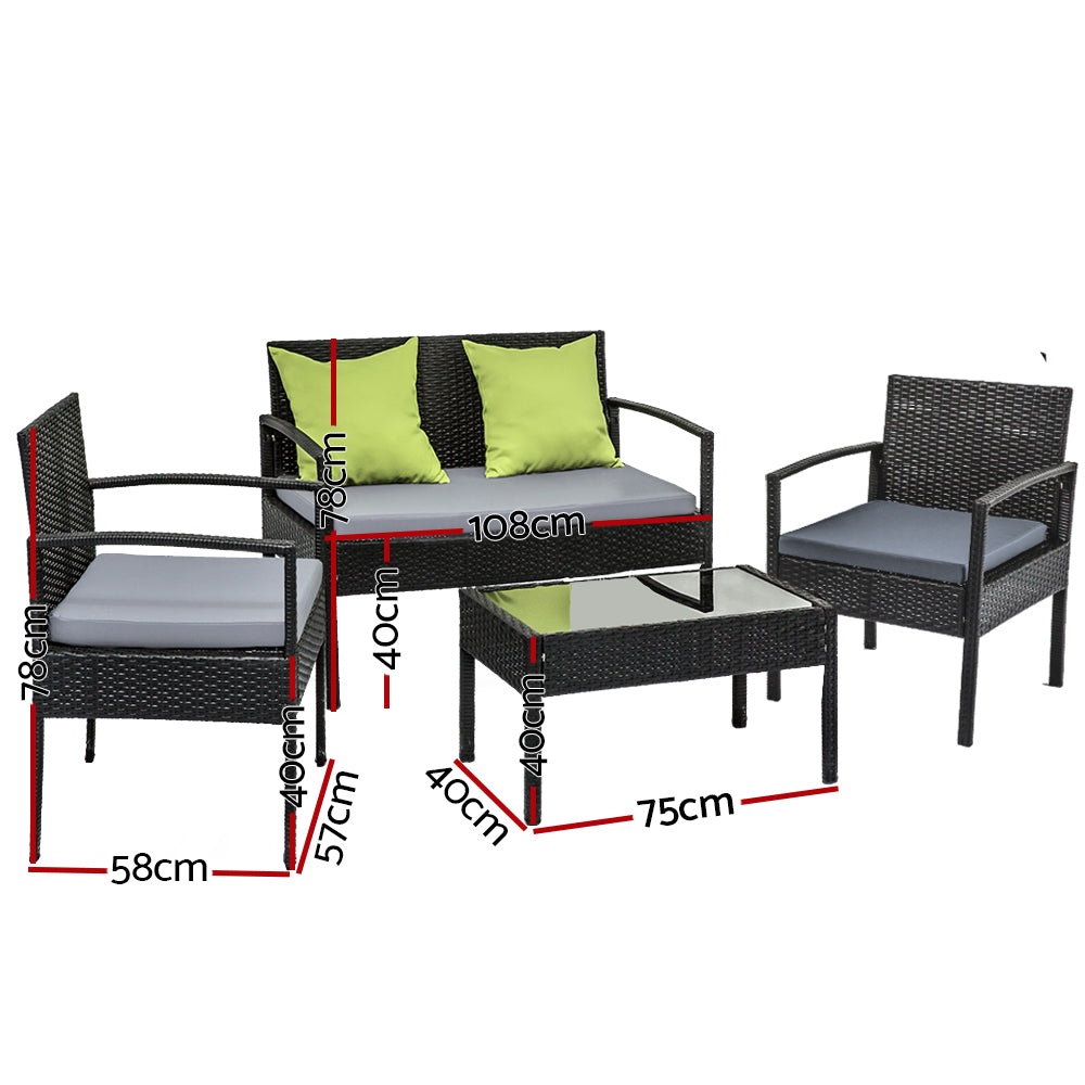 4 Seater Sofa Set Outdoor Furniture Lounge Setting Wicker Chairs Table Rattan Lounger Bistro Patio Garden Cushions Black