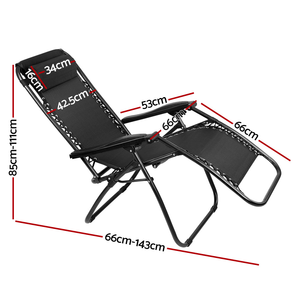 Gardeon Set of 2 Zero Gravity Chairs Reclining Outdoor Furniture Sun Lounge Folding Camping Lounger Black