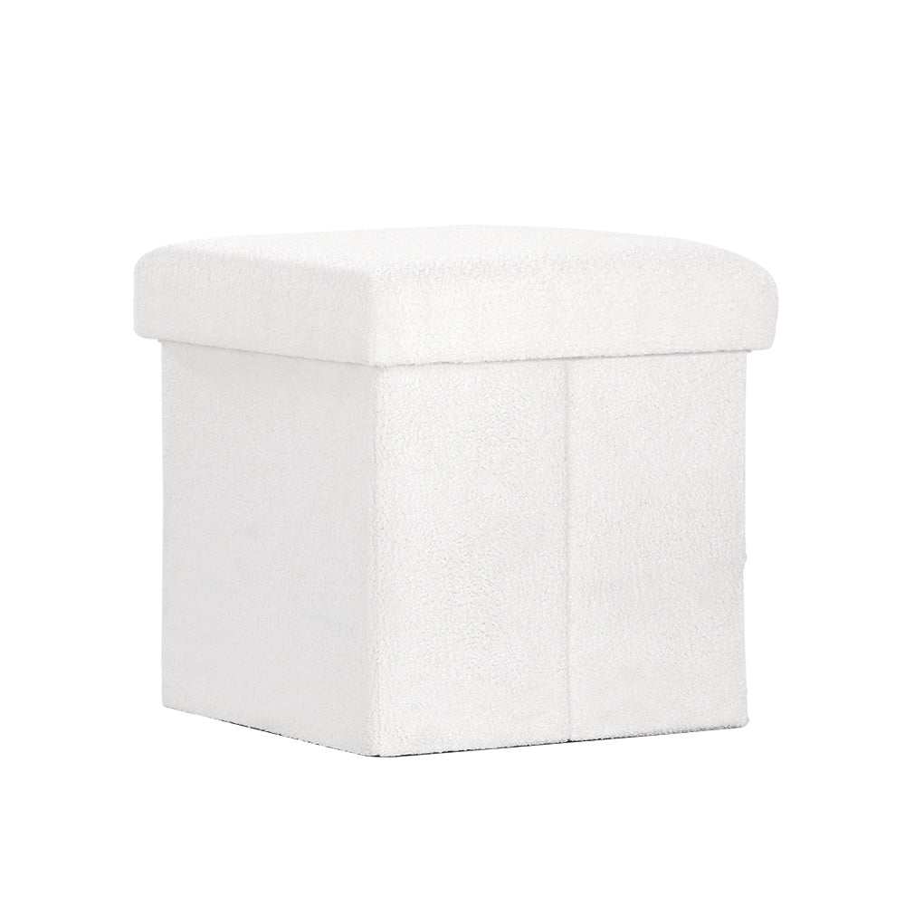 Artiss Square Foot Stool Teddy Fabric Storage Ottoman Footrest Padded Seat White