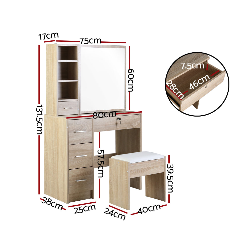 Detailed dimensions of a dressing table alongside its mirror for accurate interior design and space planning.