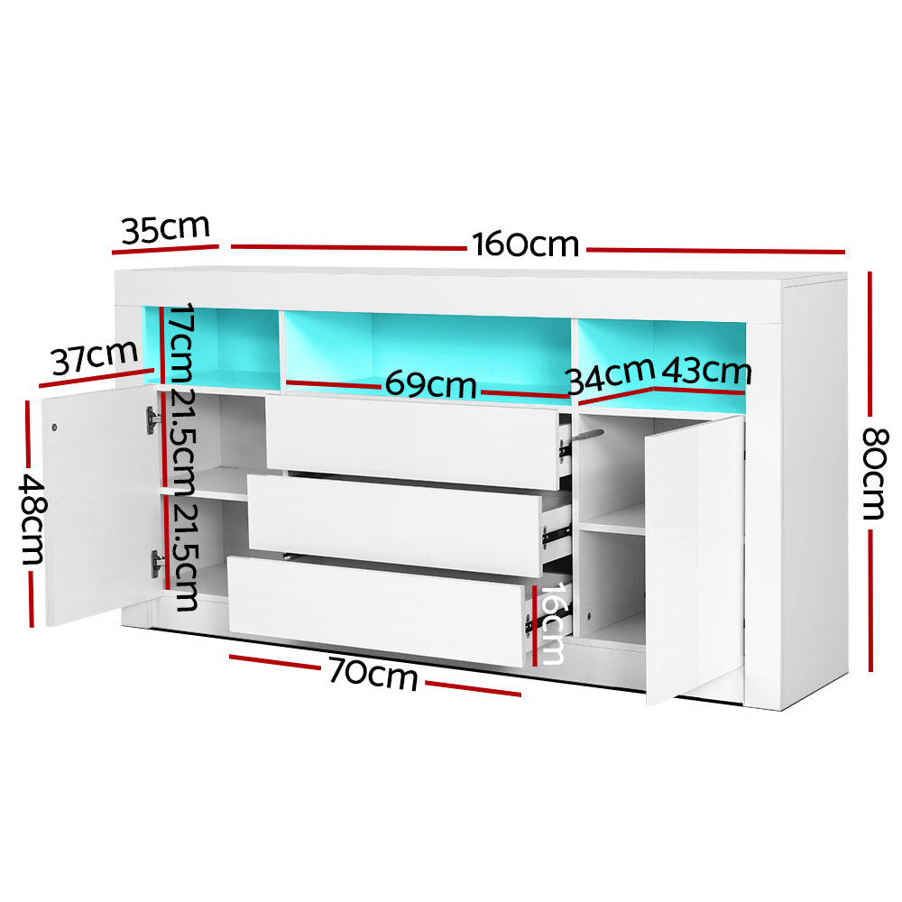 Artiss Buffet Sideboard Cabinet 3 Drawers High Gloss Storage Cupboard LED