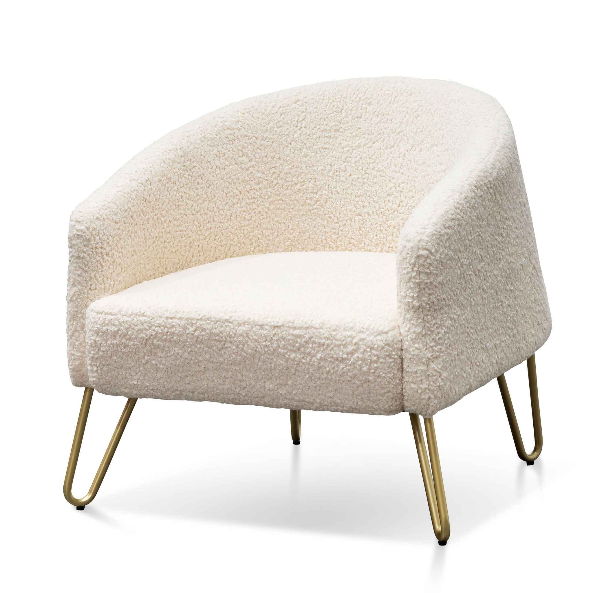 Serenity Armchair - Ivory White Synthetic Wool with Golden Legs