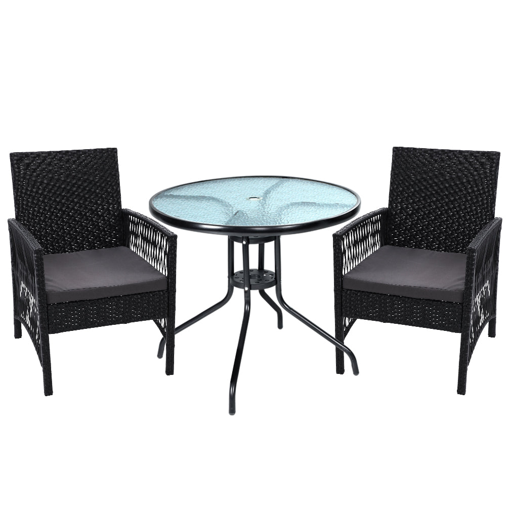 Gardeon Outdoor Furniture Dining Chairs Wicker Garden Patio Cushion Black 3PCS Tea Coffee Cafe Bar Set