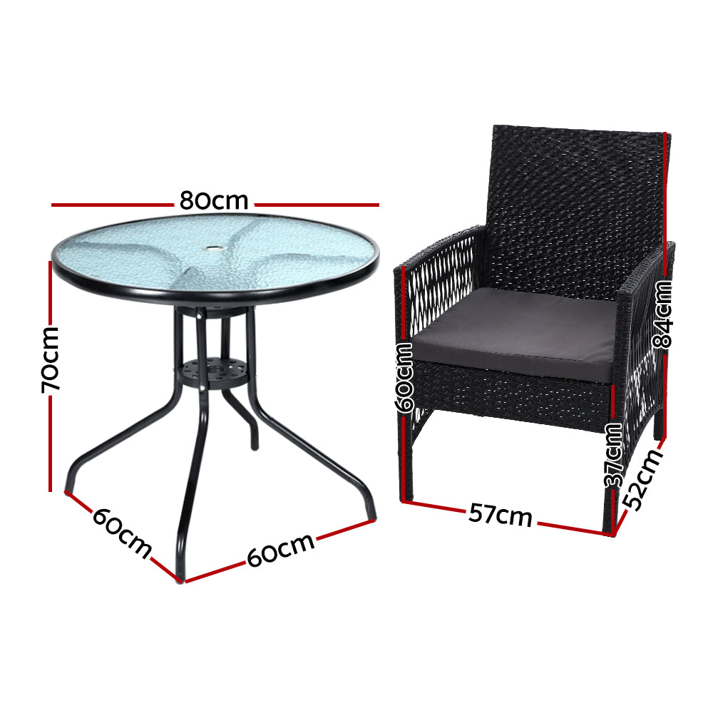 Gardeon Outdoor Furniture Dining Chairs Wicker Garden Patio Cushion Black 3PCS Tea Coffee Cafe Bar Set