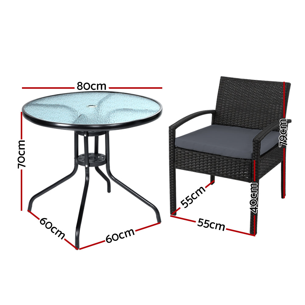 Gardeon Outdoor Furniture Dining Chairs Wicker Garden Patio Cushion Black 3PCS Sofa Set Tea Coffee Cafe Bar Set