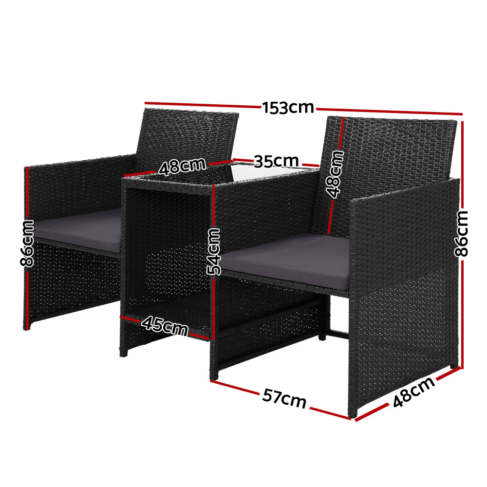 Gardeon Outdoor Setting Wicker Loveseat Birstro Set Patio Garden Furniture Black