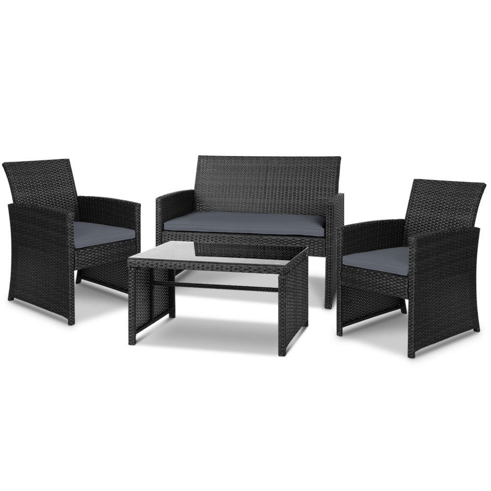 4 Outdoor Wicker Chairs & Table - Black