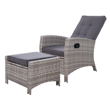 Sun lounge Recliner Chair Wicker Lounger Sofa Day Bed Outdoor Furniture Patio Garden Cushion Ottoman Grey Gardeon