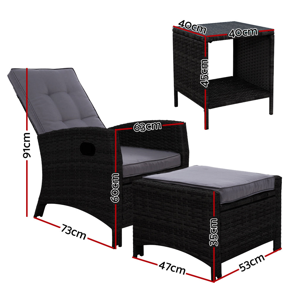 Gardeon Outdoor Patio Furniture Recliner Chairs Table Setting Wicker Lounge 5pc Black