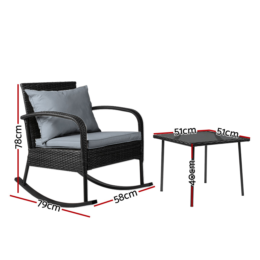 Gardeon 3 Piece Outdoor Chair Rocking Set - Black