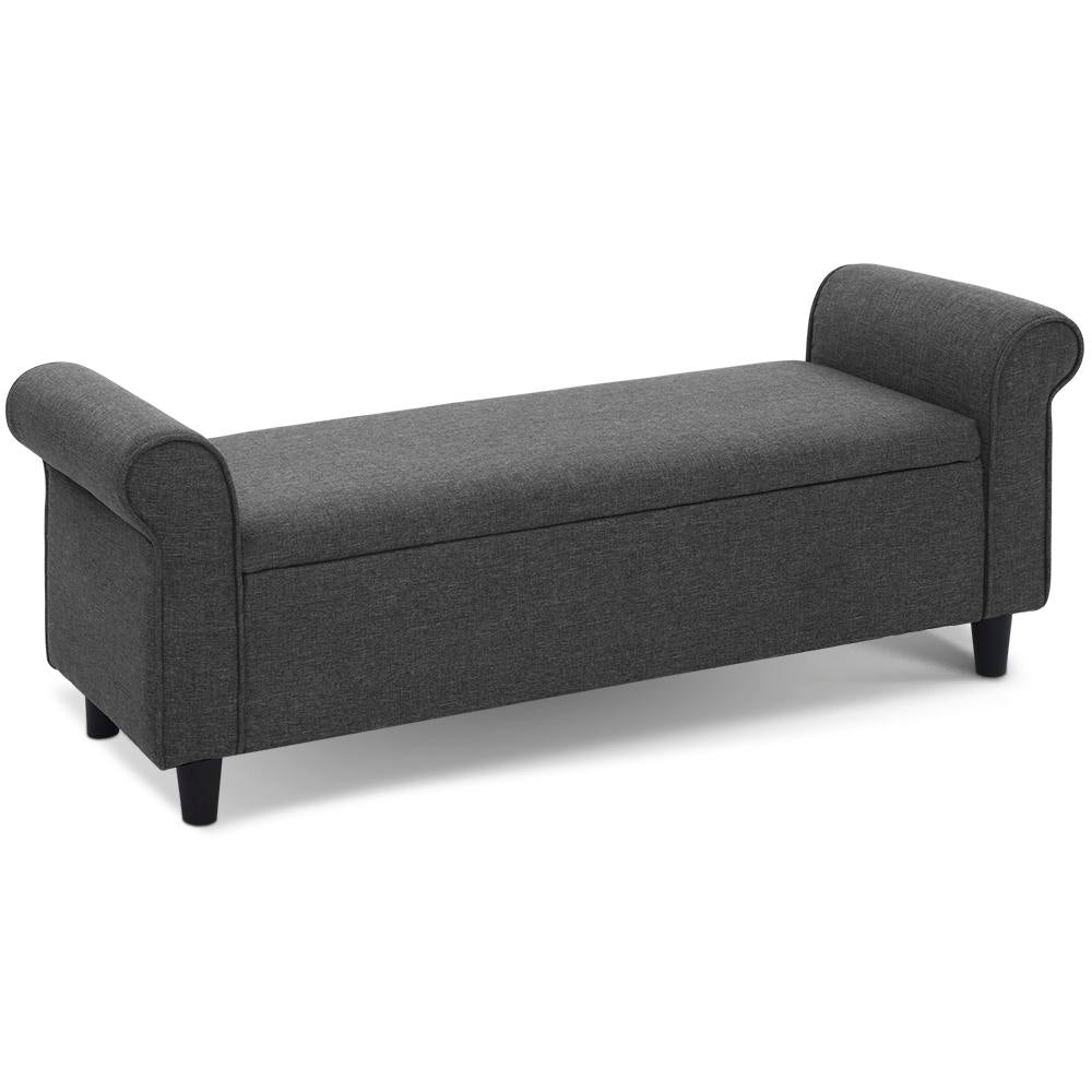 A modern grey bench with black legs and arms, designed for comfort and aesthetic appeal.