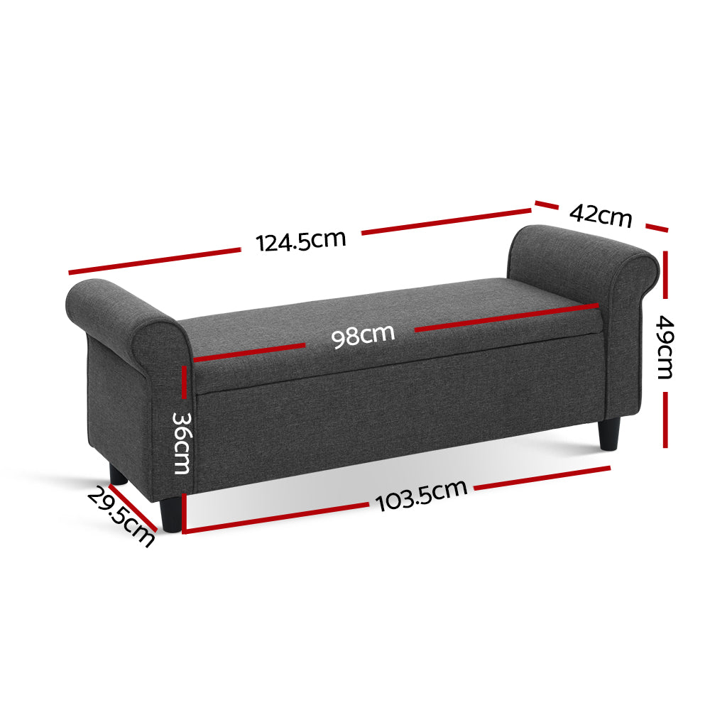 A modern grey bench with black legs and arms, designed for comfort and aesthetic appeal.