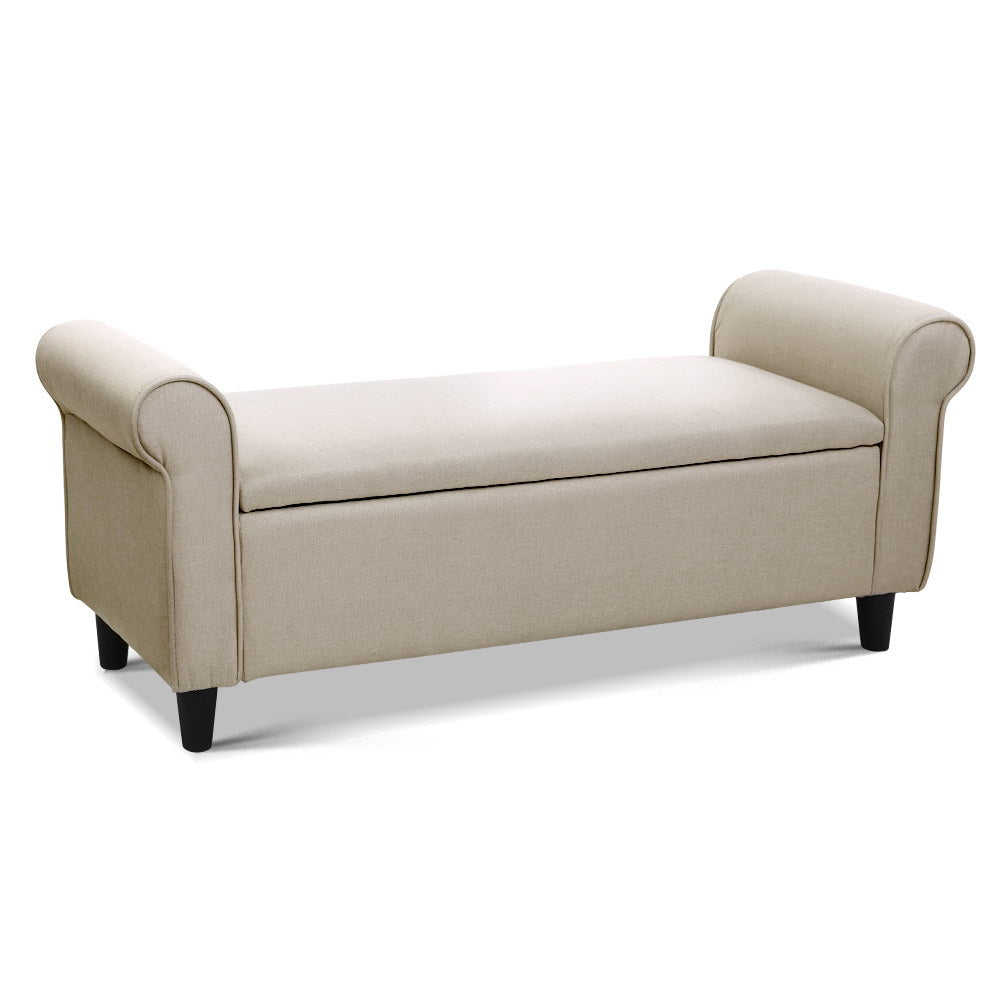 A stylish beige leather bench featuring arms, perfect for enhancing the decor of a modern interior.