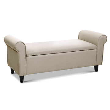 A stylish beige leather bench featuring arms, perfect for enhancing the decor of a modern interior.