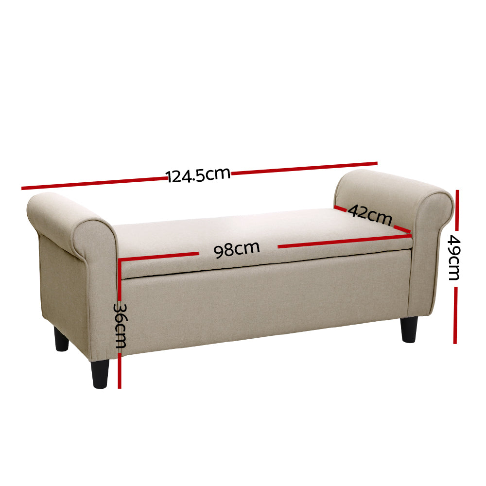 A stylish beige leather bench featuring arms, perfect for enhancing the decor of a modern interior.