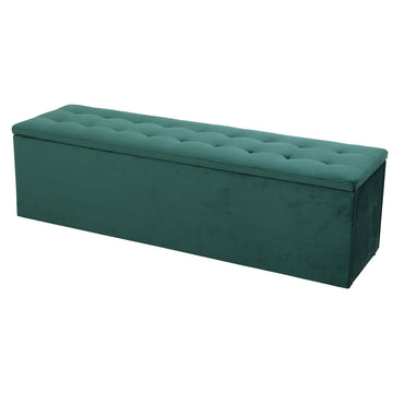 An elegant green velvet bench with button detailing, perfect for enhancing the aesthetic of a room.